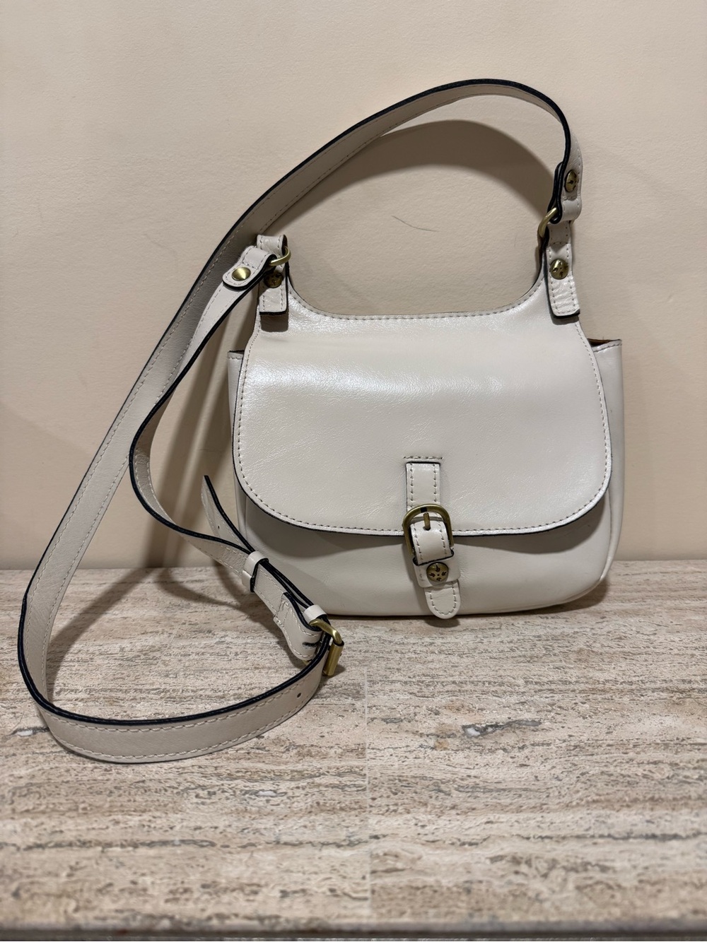 Patricia Nash Off White Leather Crossbody with Buckle Accent